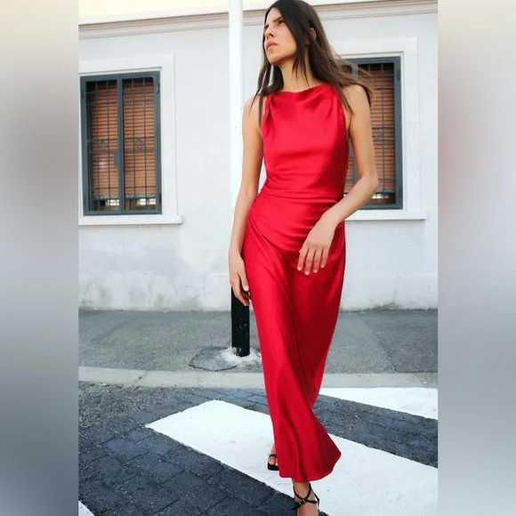 Zara Red Satin Midi Dress - Picture 3 of 6